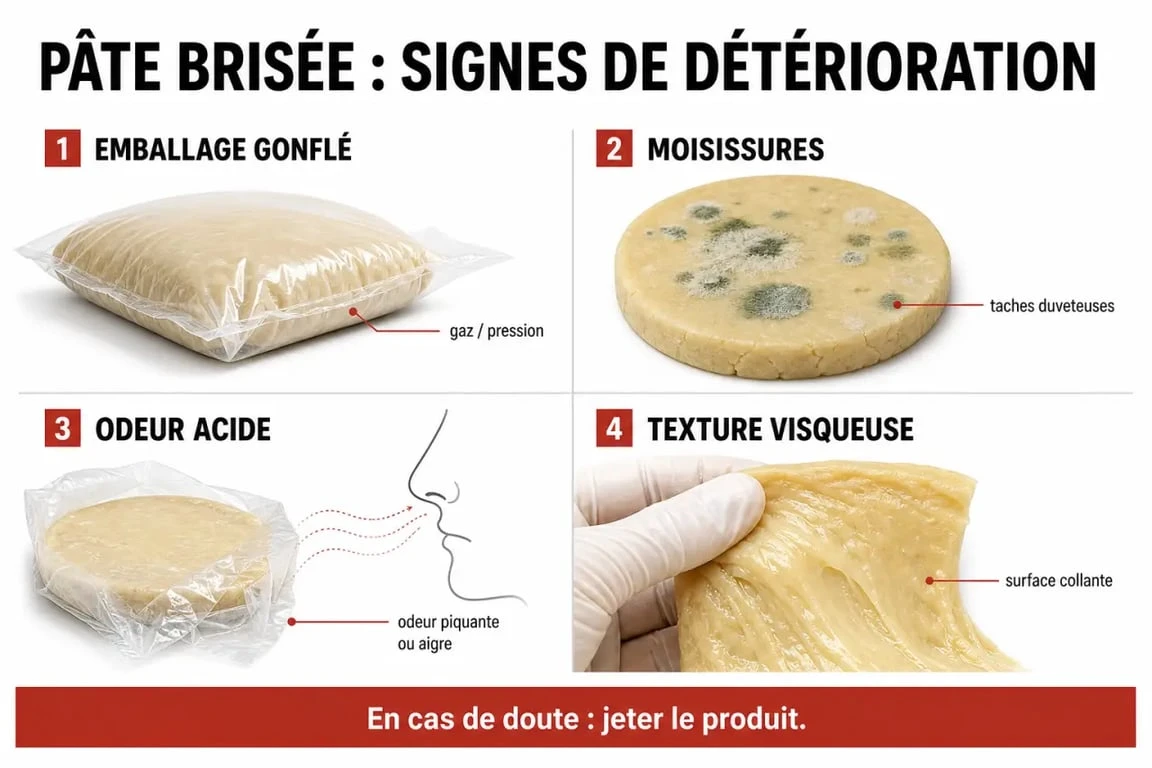 Infographie des signes de détérioration d'une pâte brisée périmée pour vérifier sa sécurité alimentaire