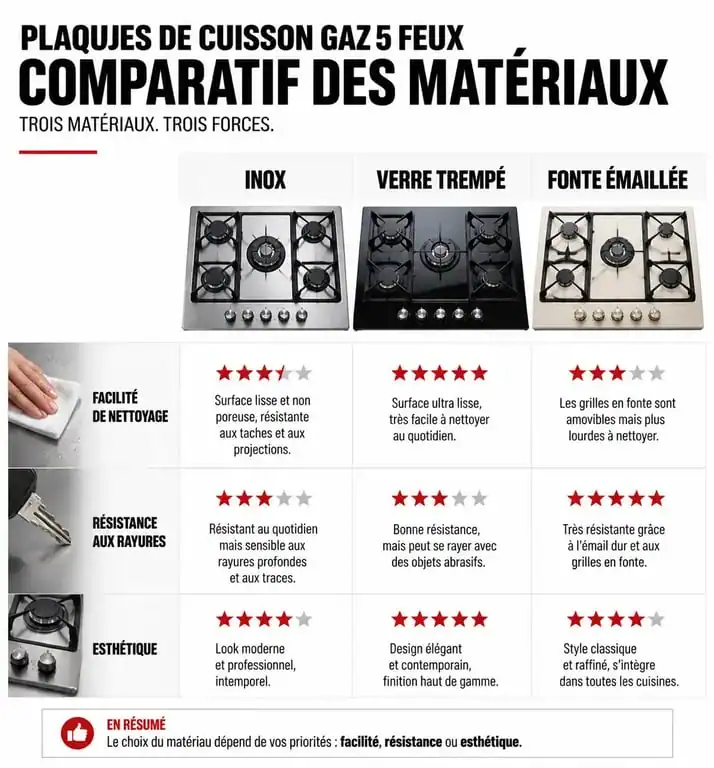 Comparatif des matériaux pour plaque de cuisson gaz 5 feux facile à nettoyer
