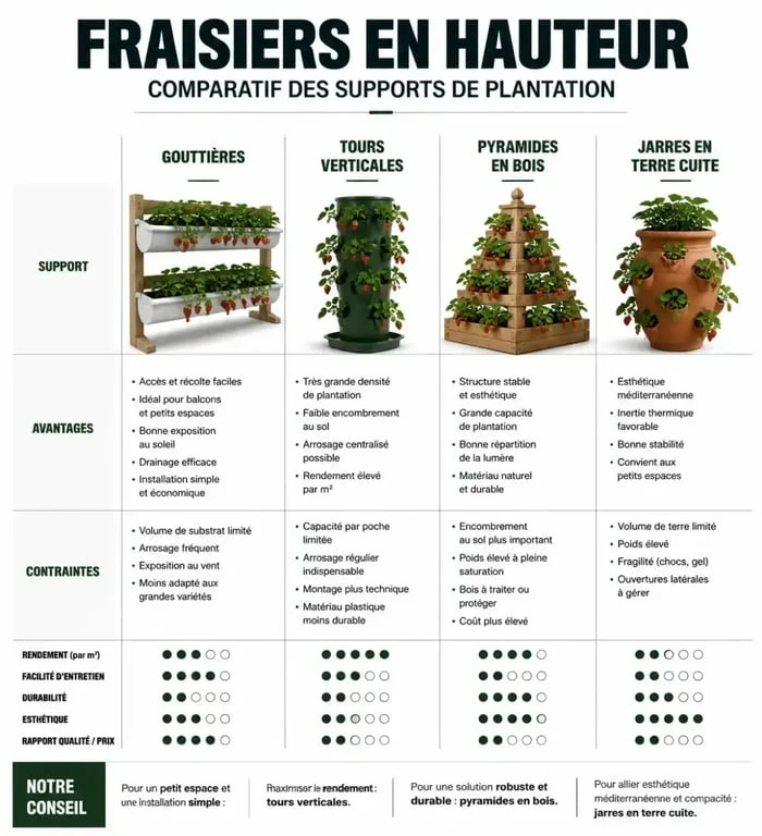 Comparatif des supports pour la plantation de fraisier en hauteur