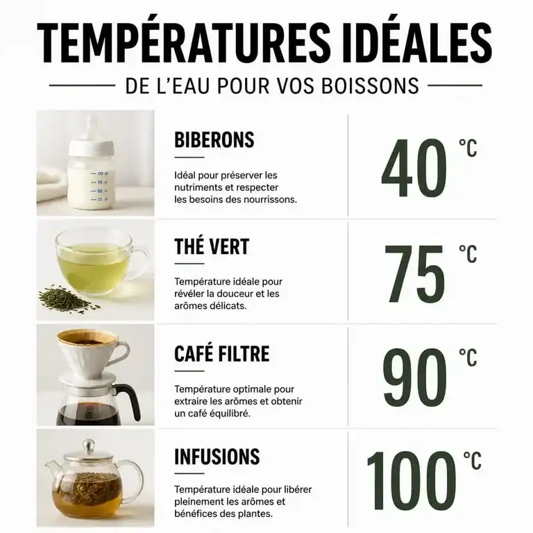Infographie des températures idéales de l'eau pour le thé et le café selon le choix de température de la bouilloire