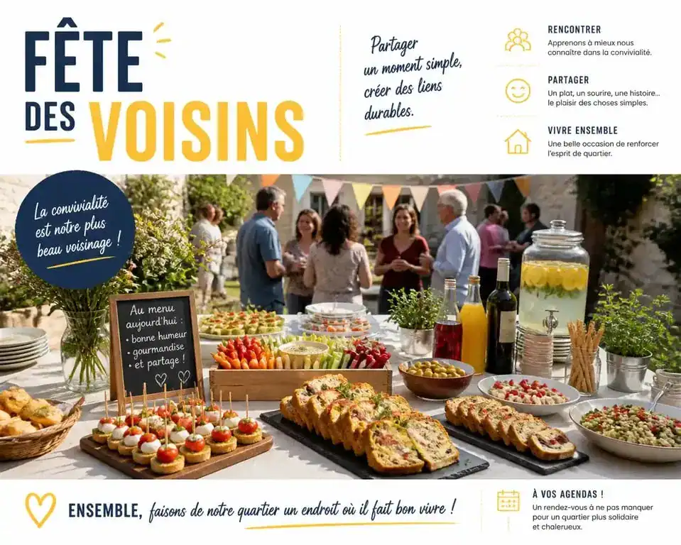 Table conviviale garnie de finger food et boissons pour la fête des voisins
