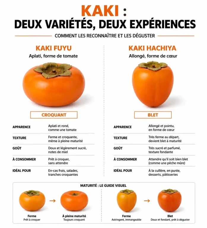 Infographie comparative des variétés de kakis astringents et non-astringents pour savoir comment choisir et manger un kaki.