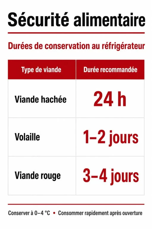 Infographie des durées de conservation de la viande décongelée au réfrigérateur pour garantir la sécurité alimentaire