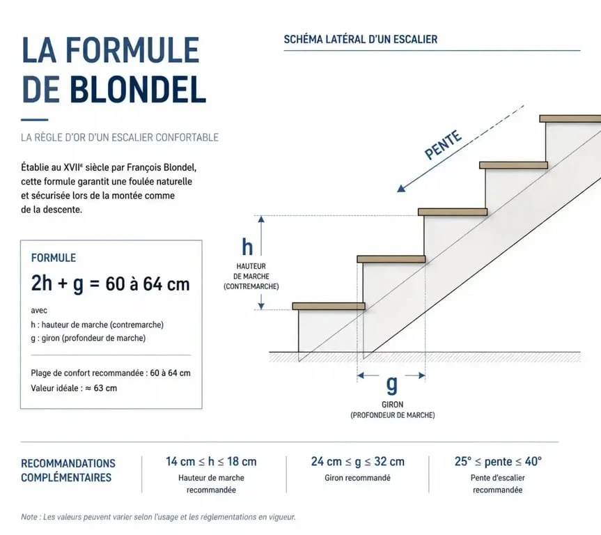 Schéma illustrant la formule de Blondel pour fabriquer un escalier en métal aux dimensions ergonomiques