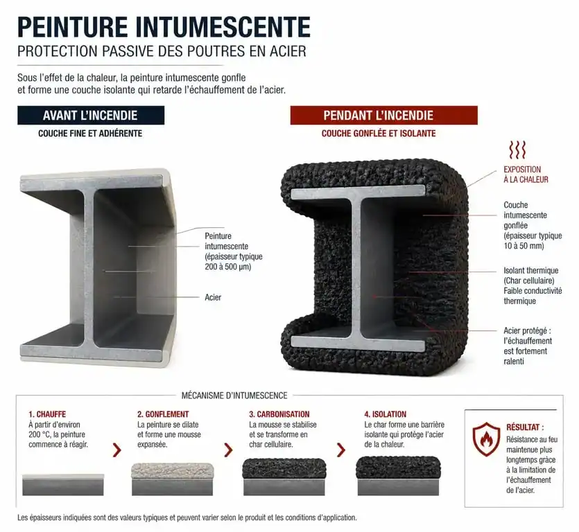 Schéma de fonctionnement d'un matériau ignifuge intumescent sur une structure métallique
