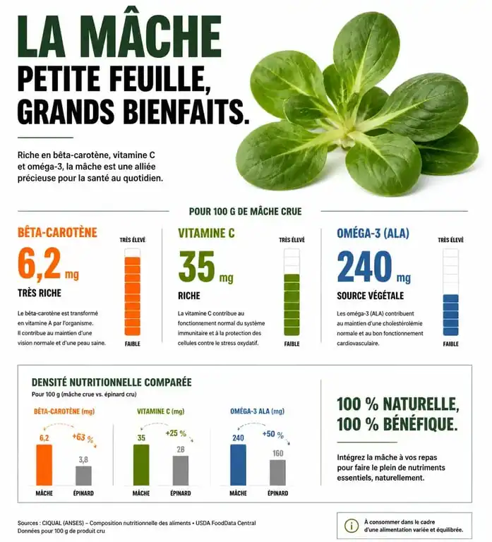 Infographie des bienfaits nutritionnels de la mâche : vitamines, minéraux et oméga-3