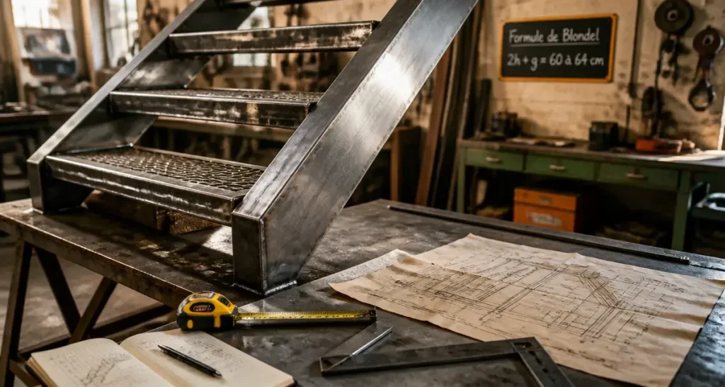 Fabriquer un escalier en metal : limon central acier et marches en caillebotis en atelier