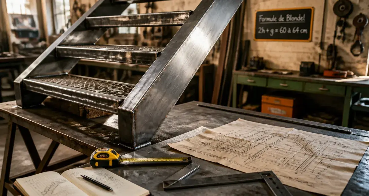 Fabriquer un escalier en metal : limon central acier et marches en caillebotis en atelier