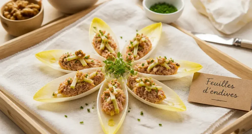 Feuilles d'endives garnies pour apéro, rillettes de thon et ciboulette
