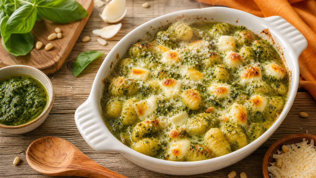 Gnocchi et accompagnement : gnocchis au pesto, mozzarella et parmesan