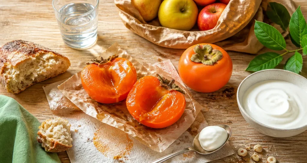 J ai manger un kaki astringent que faire : kakis mûrs, yaourt et eau pour neutraliser l’amertume