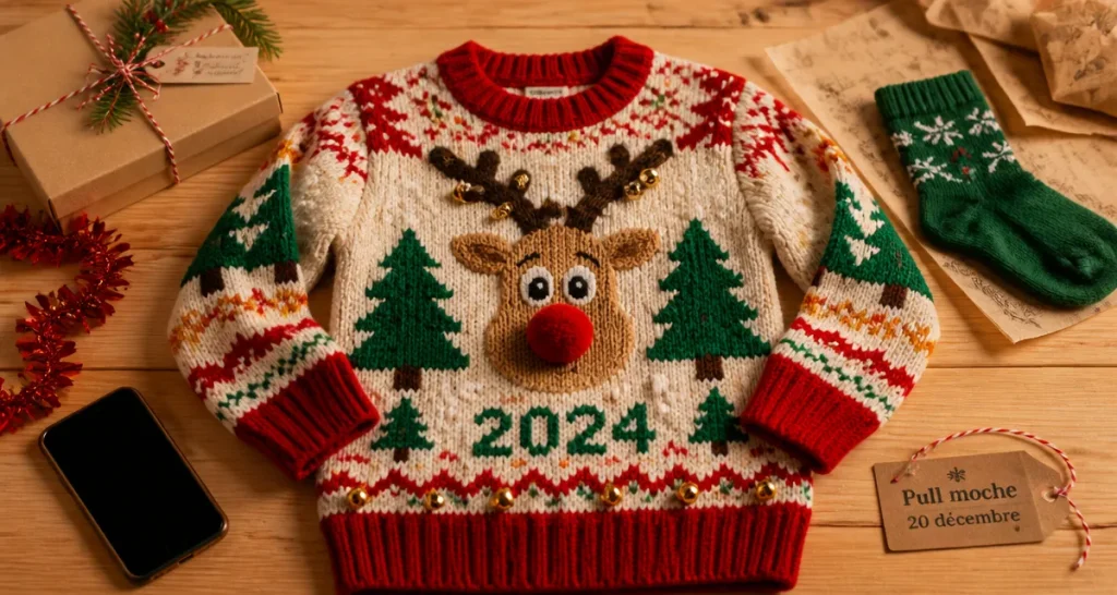 Journée pull moche de noel 2024 : pull moche de Noël sur table