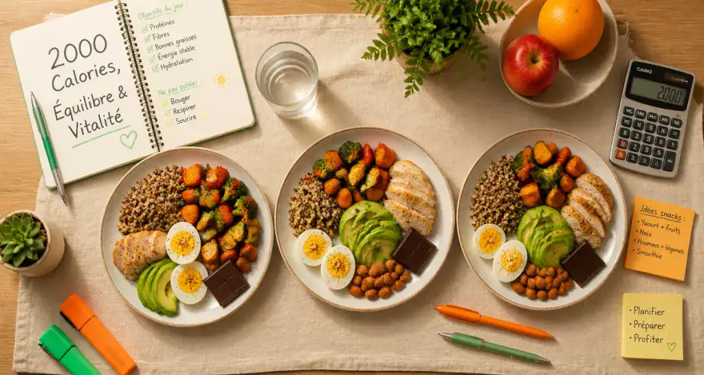 assiettes équilibrées 2000 calories par jour sur table en bois