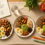 assiettes équilibrées 2000 calories par jour sur table en bois