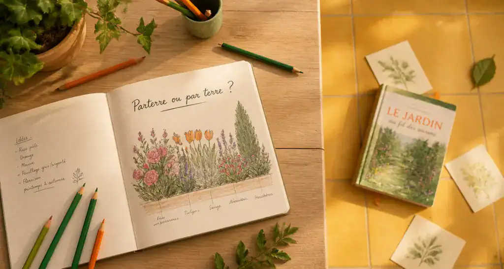 Parterre où par terre, illustration carnet et livre au sol
