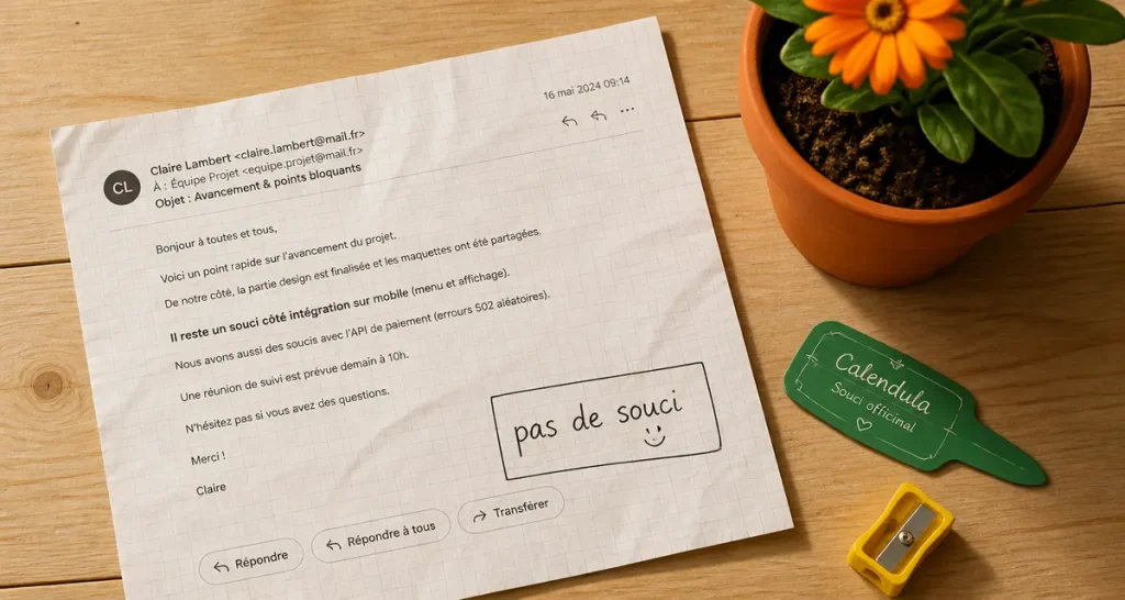 Feuille avec “pas de souci” et “soucis” : orthographe souci/soucis