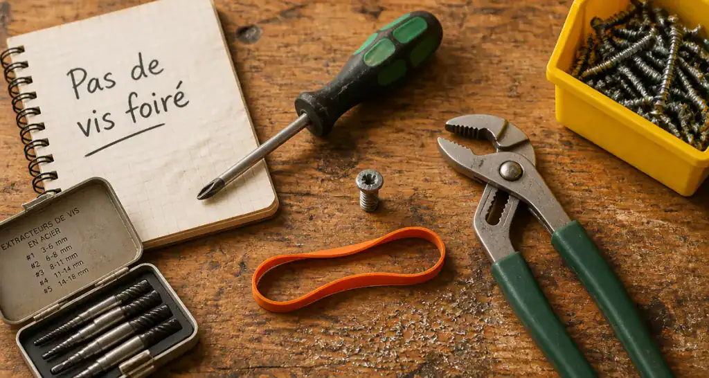 Outils et vis pour pas de visse foiré sur établi