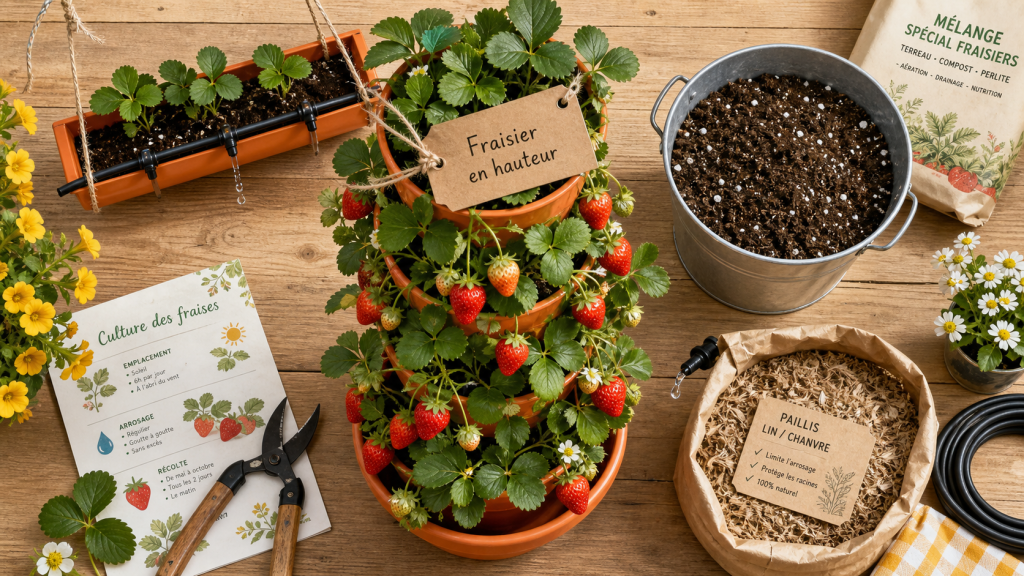 Plantation fraisier en hauteur : tour de fraisiers en pots superposés