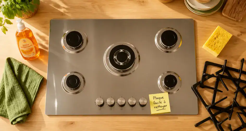 Plaque de cuisson gaz 5 feux facile à nettoyer sur plan de travail