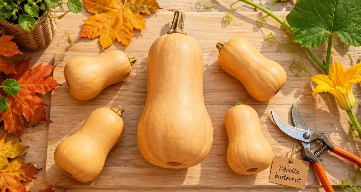 Quand cueillir les butternut : pédoncule sec, courge mûre.
