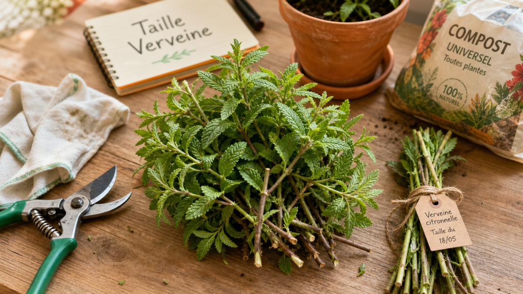 Quand tailler la verveine : touffe de verveine et sécateur, gros plan jardin