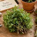 Quand tailler la verveine : touffe de verveine et sécateur, gros plan jardin