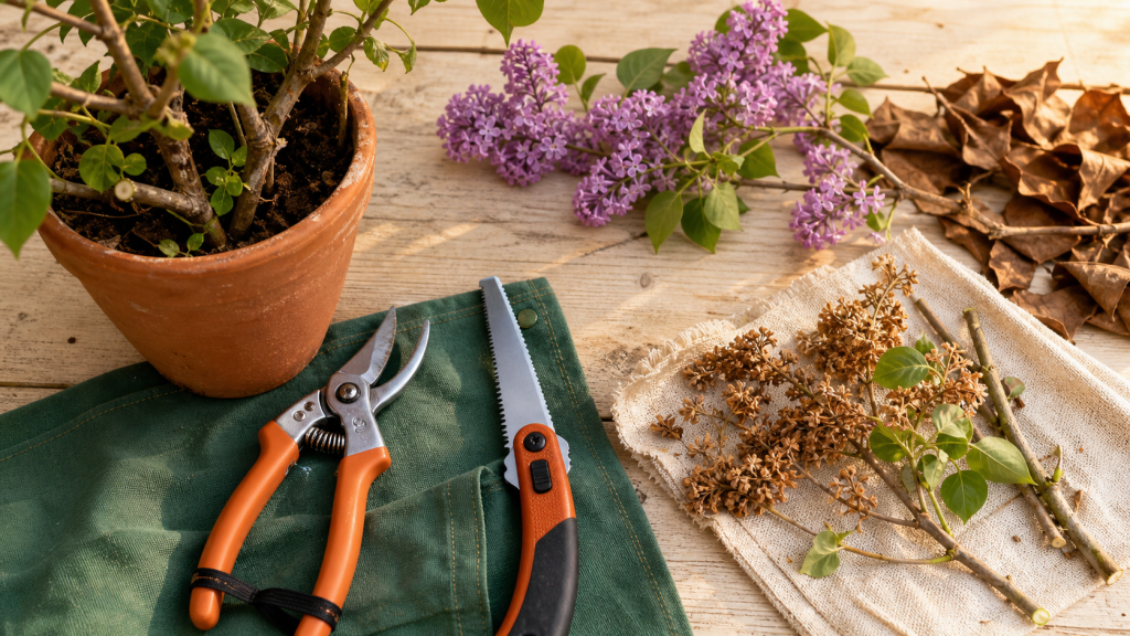 Taille du lilas : sécateur sur branches coupées et grappes fanées