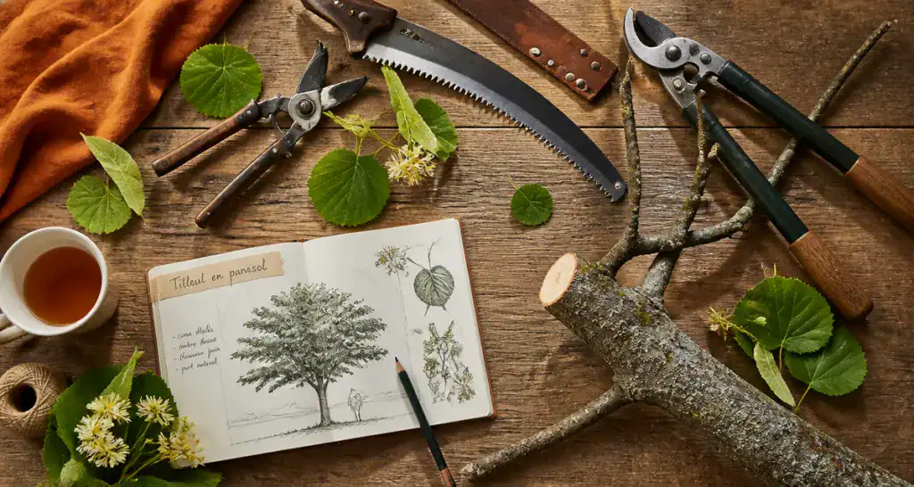 tailler un tilleul en parasol outils et feuilles