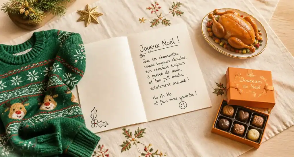 Texte joyeux noël rigolo sur carte de vœux, table de Noël