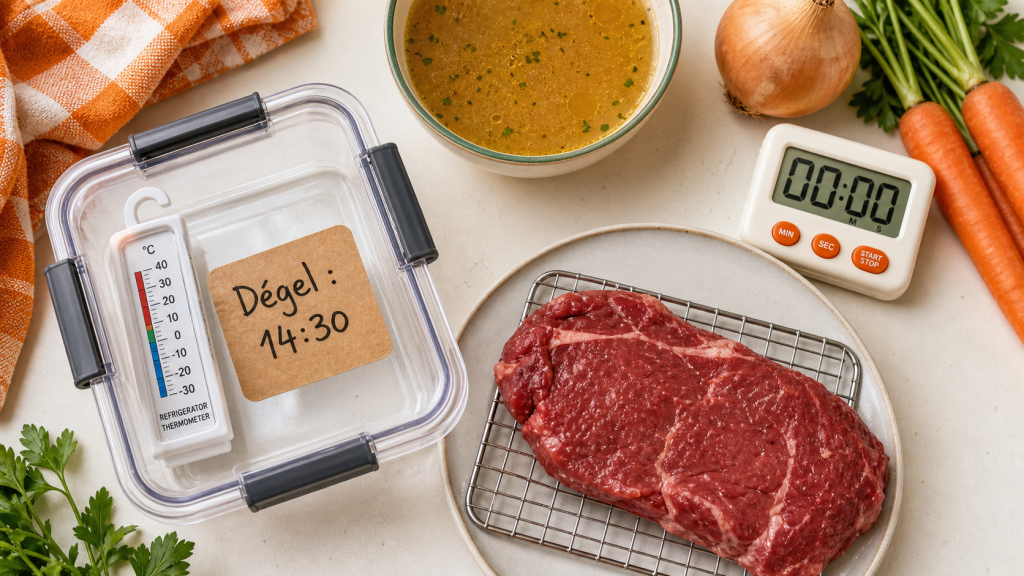 Viande décongelée : 3 jours maximum au frigo, thermomètre et étiquette