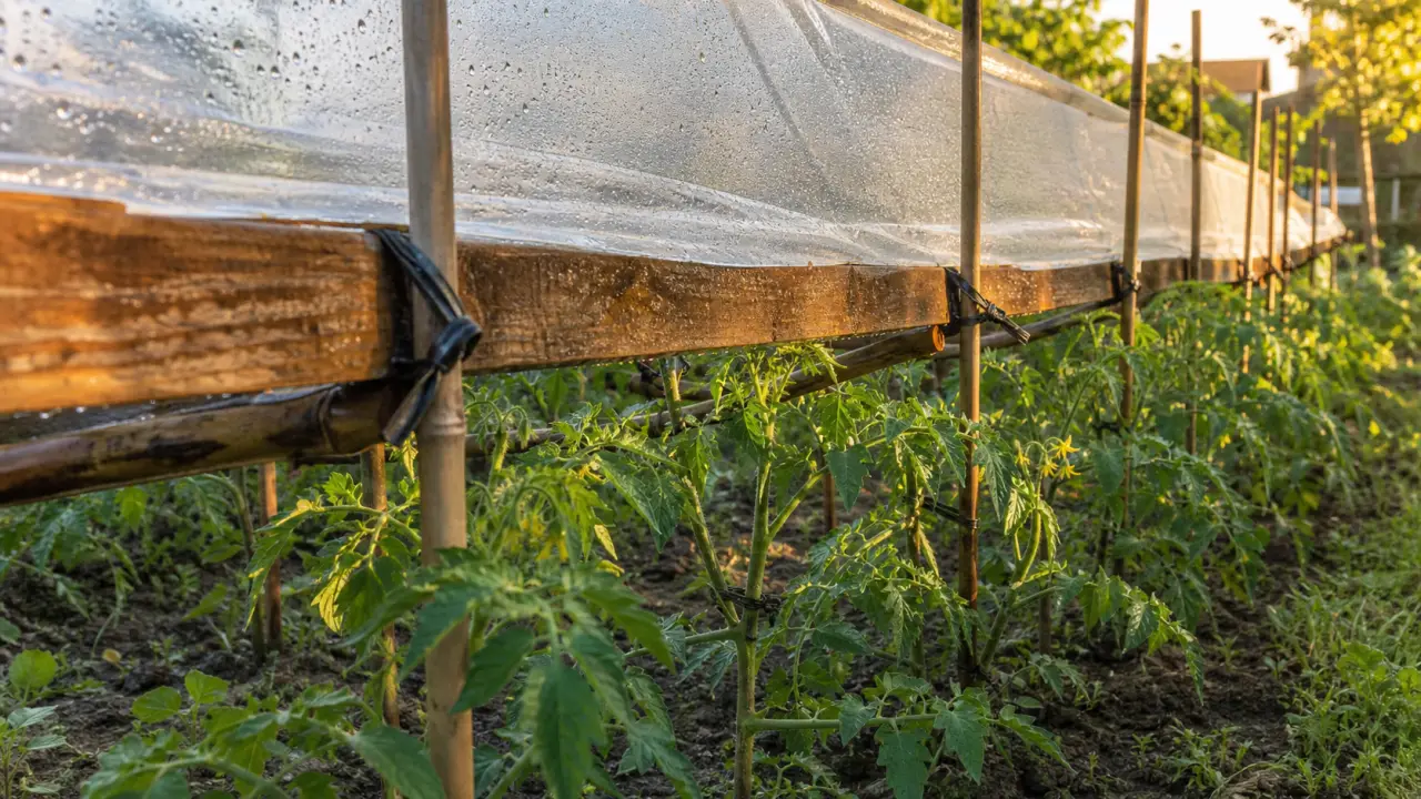 Abri tomates fait maison : feuilles de tomates au sec sous une bâche en pente