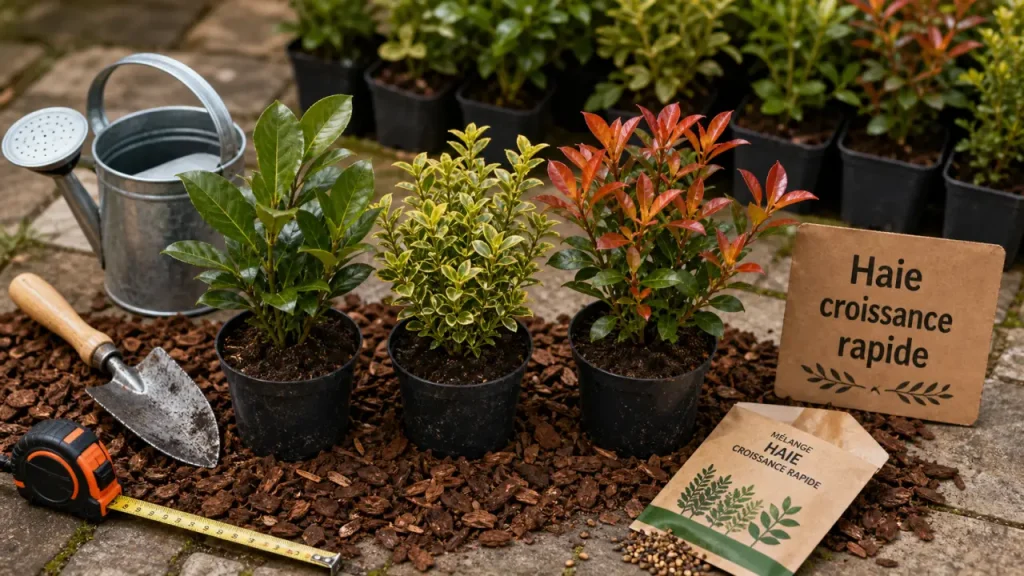 Arbuste pour haie croissance rapide : jeunes plants en pots (laurier-cerise, troène, photinia)