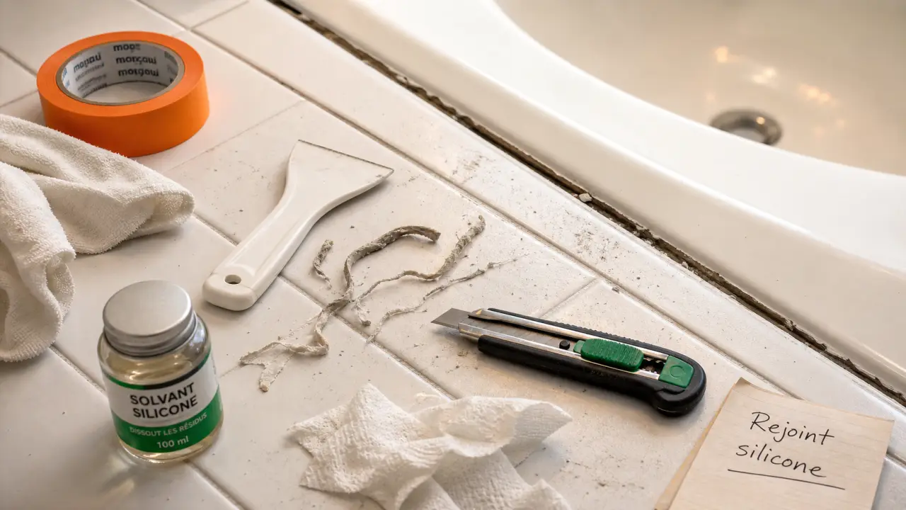 Outils de bricolage pour refaire un joint silicone : spatule, cutter et solvant