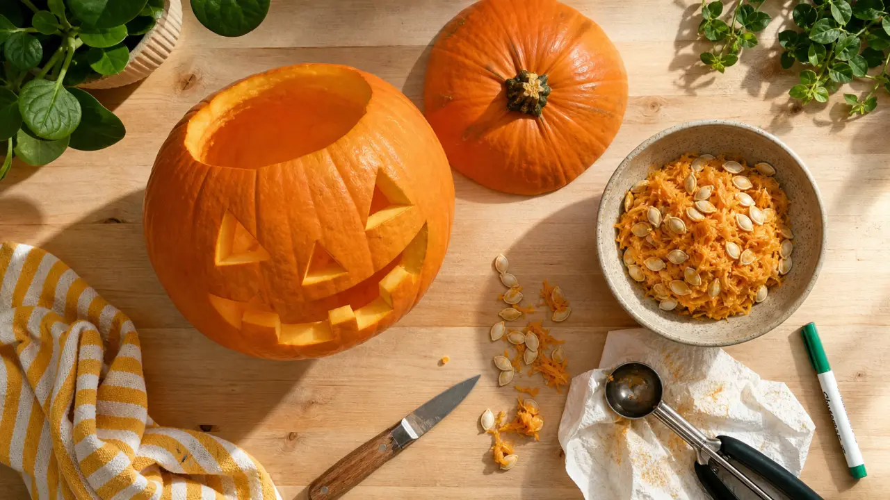 Decorer une citrouille pour lanterne Halloween, citrouille sculptée et outils