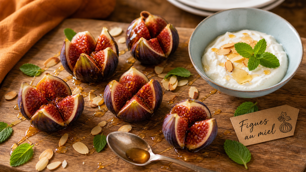 Dessert au figues fraiches au miel et amandes