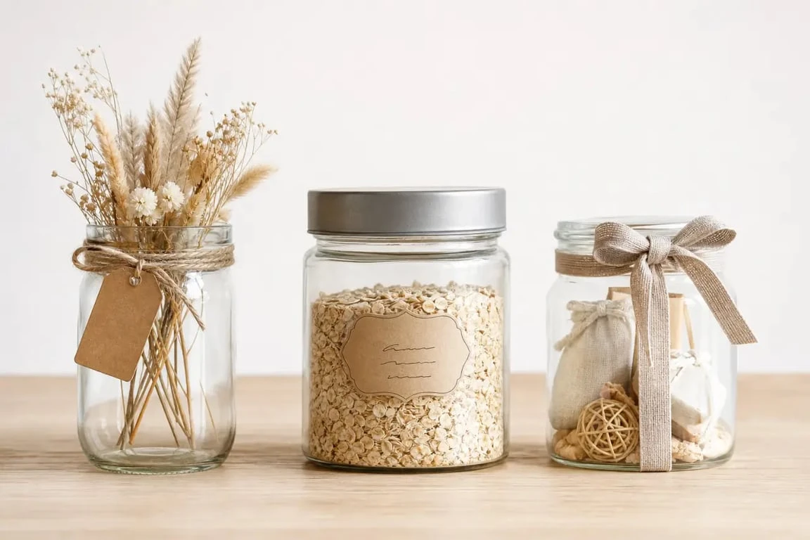 Déco bocaux : trois bocaux en verre décorés dans des styles naturel, cuisine et cadeau