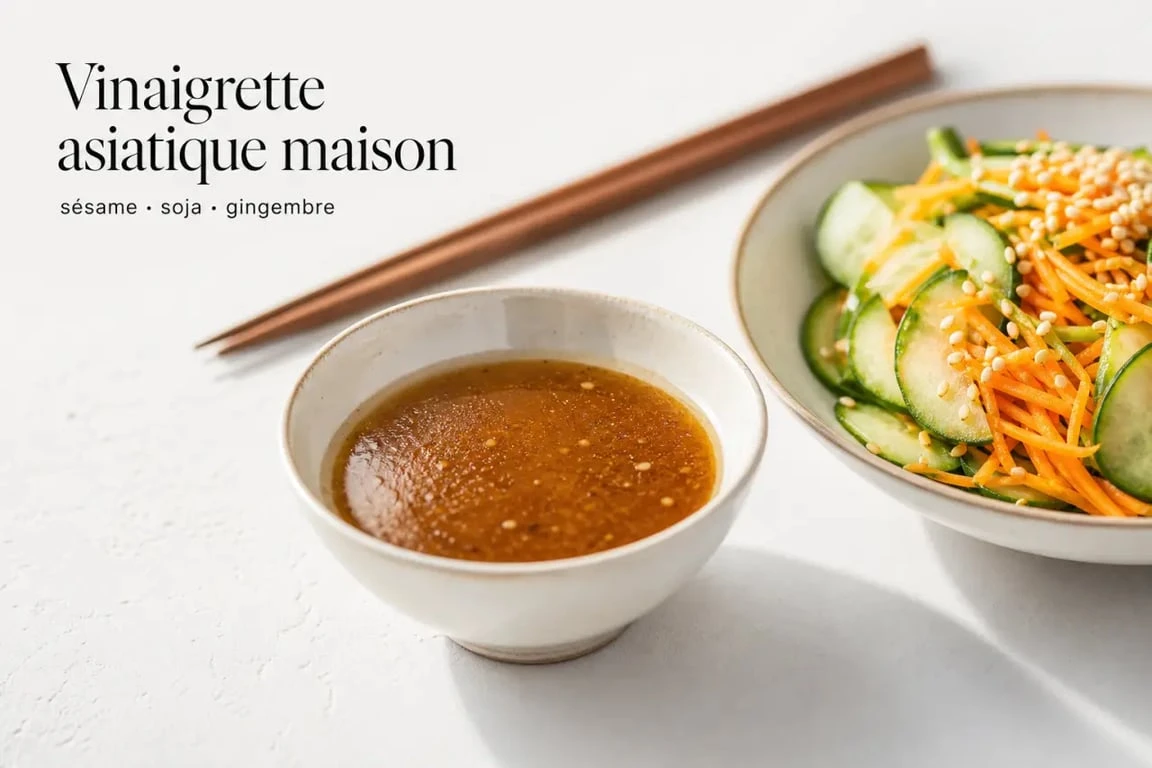 Recette de vinaigrette asiatique maison servie avec salade croquante et graines de sésame
