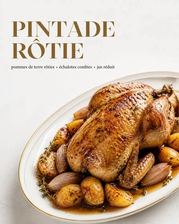 Recette de pintade rôtie au four, peau dorée et accompagnements servis dans un plat