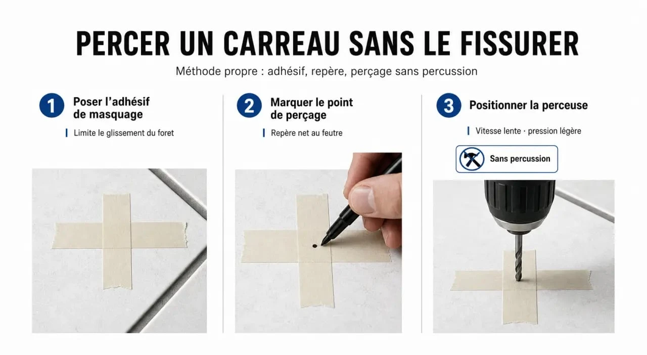 Schéma technique montrant comment percer un carrelage sans le fissurer avec un adhésif de masquage
