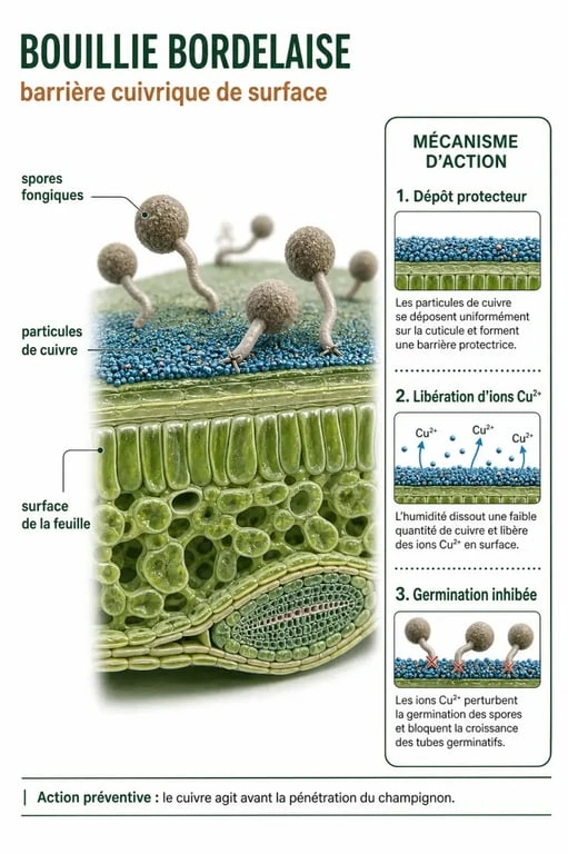 Infographie expliquant le mécanisme d'action de la bouillie bordelaise sur les feuilles pour prévenir les maladies cryptogamiques.