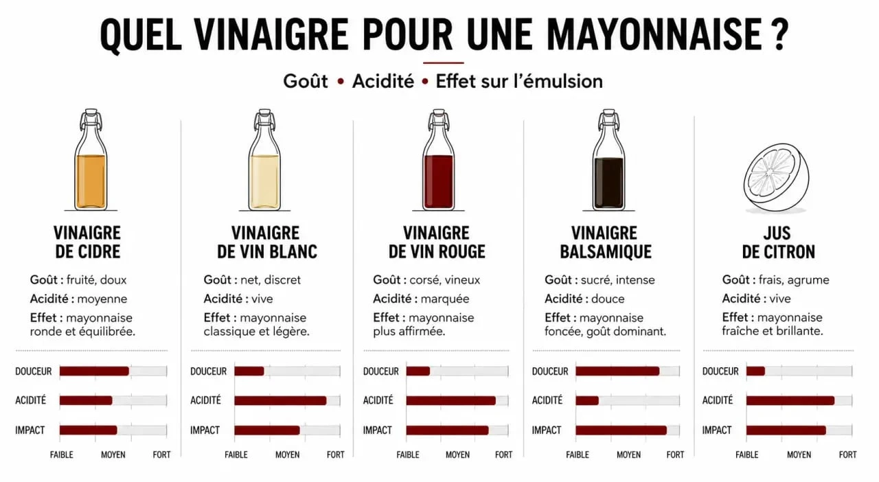 Quelle vinaigre pour mayonnaise : comparaison visuelle du vinaigre de cidre, du vinaigre de vin, du balsamique et du citron
