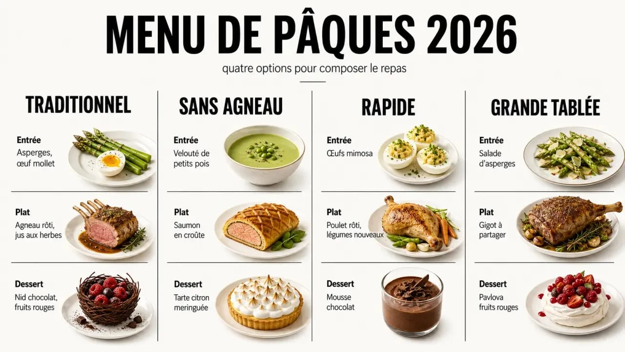 Infographie du menu paques 2026 avec options traditionnel, sans agneau, rapide et grande tablée