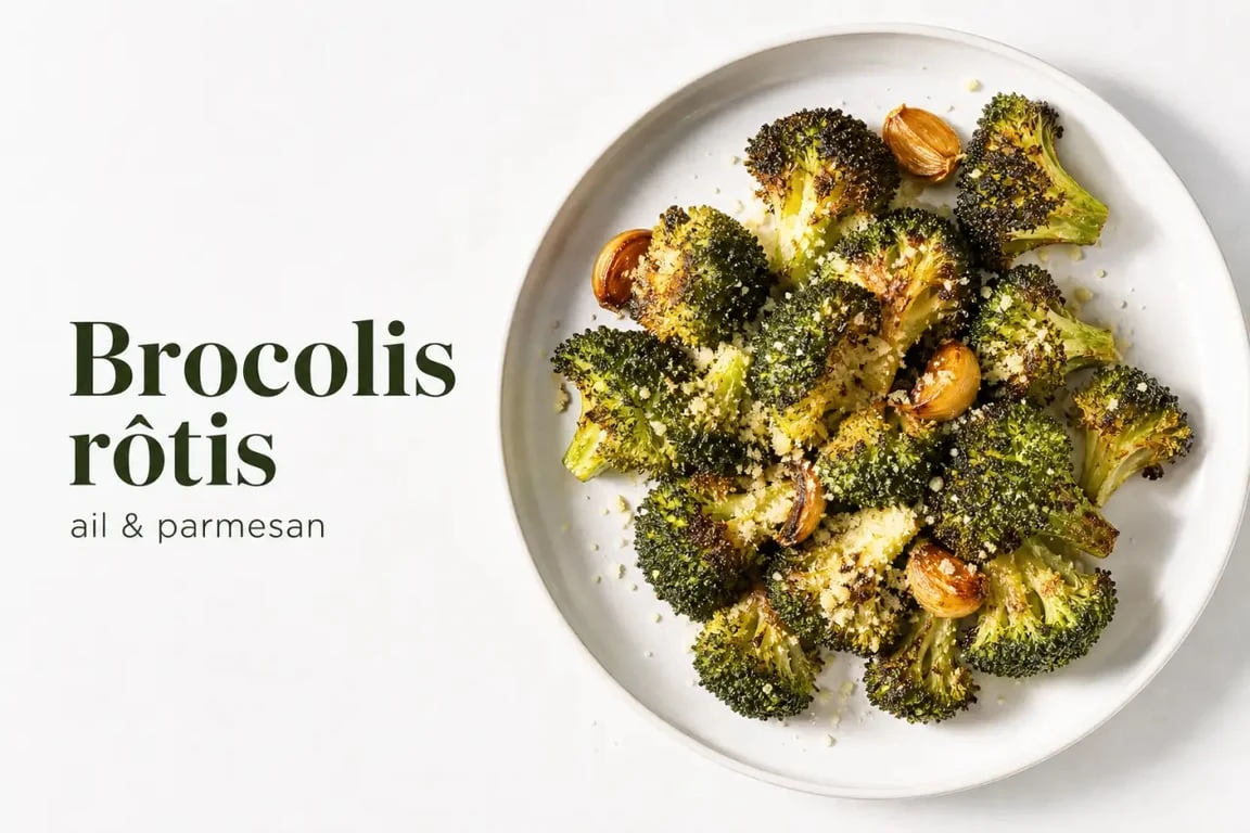 Assiette de brocolis rôtis à l'ail et au parmesan, recette facile pour une cuisson parfaite des brocolis