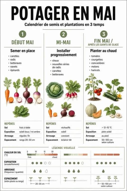 Que planter en mai au potager : calendrier visuel des semis et plantations de mai