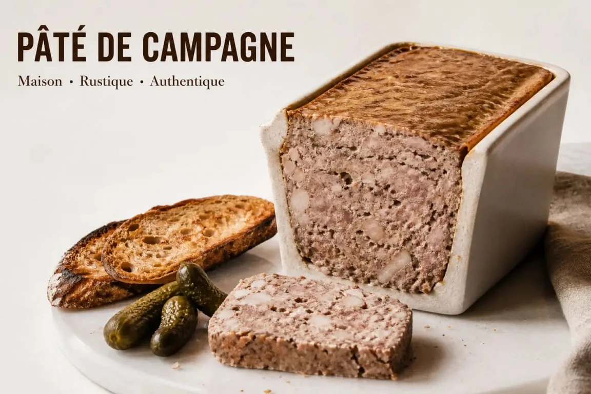Recette de pate campagne maison en terrine avec tranche coupée, pain de campagne et cornichons