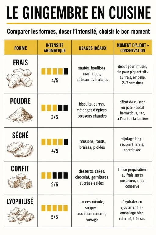 Gingembre cuisine : tableau comparatif des formes de gingembre et de leurs usages