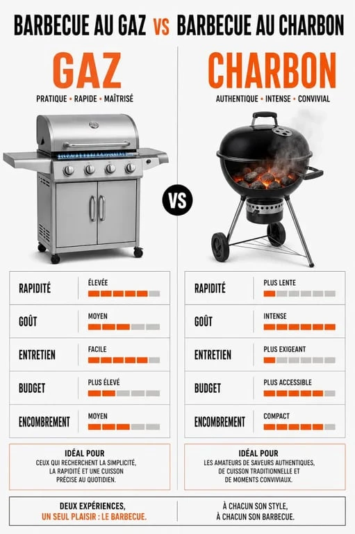Barbecue gaz ou charbon : infographie comparative pour choisir entre rapidité, goût, entretien et budget
