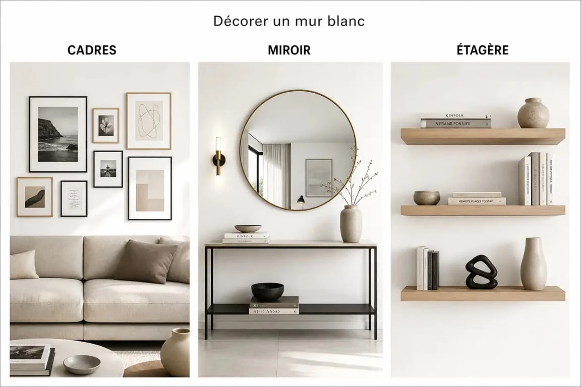 Idées pour décorer un mur blanc avec cadres, miroir et étagère flottante