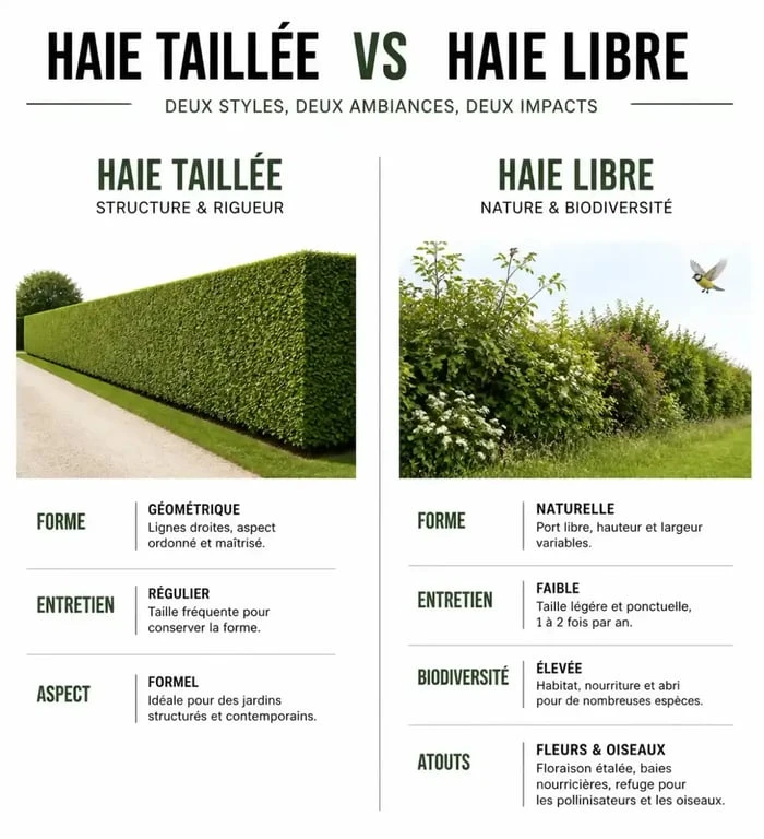 Comparatif visuel entre haie taillée et haie libre pour choisir son arbuste pour haie croissance rapide