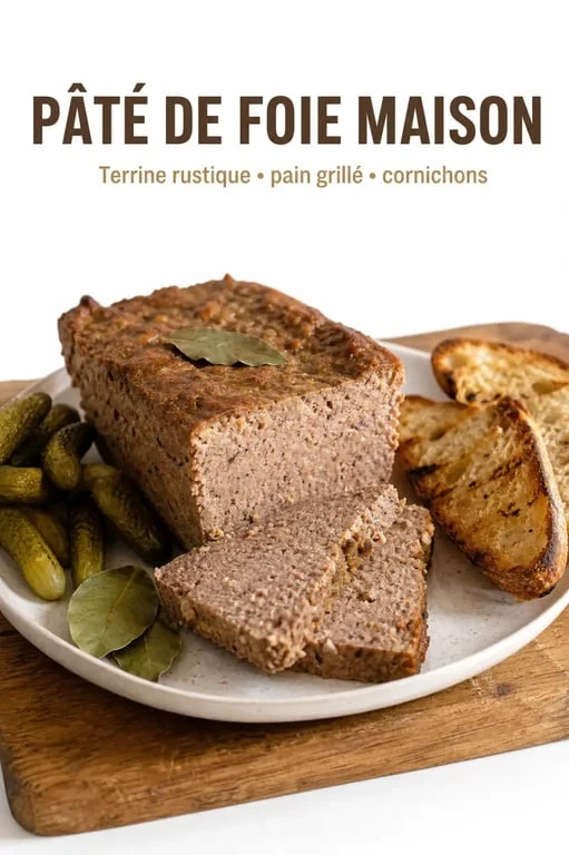 Recette du paté de foie maison en terrine, tranches servies avec pain grillé et cornichons